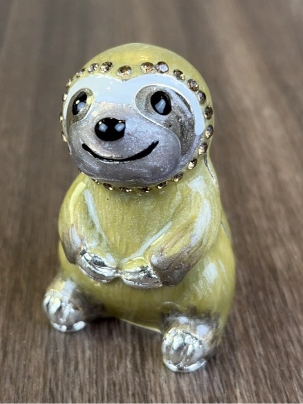 Enamel & Rhinestone Hinged SLOTH Jewelry Pill Trinket Box Metal Magnetic